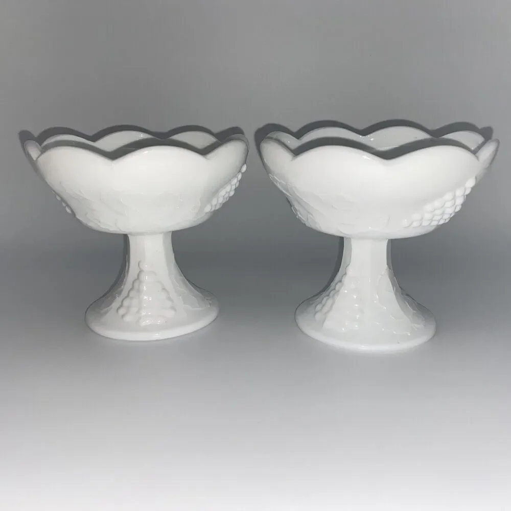 Pair of Vintage Indiana Colony Harvest Grape Milk Glass Pedestal Candle Holder